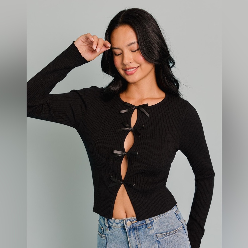 Satin Bow Cutout Knit Long Sleeve Top - Le Lis